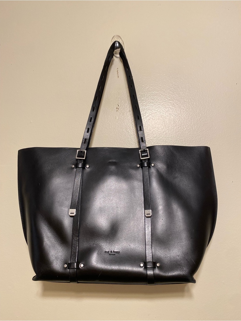 Black Leather Tote Bag with Adjustable Straps - Picture 4 of 15